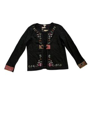 J Jill Cardigan Sweater Limited Edition Re Crafted Embroidered Lambs Wool Large